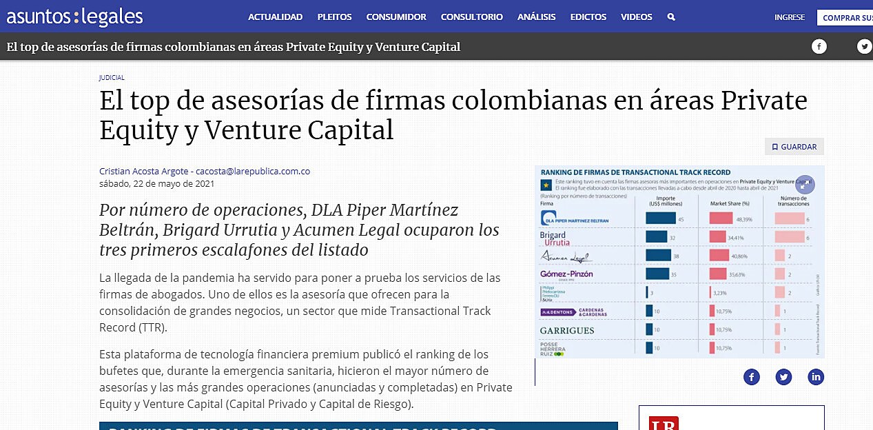 El top de asesoras de firmas colombianas en reas Private Equity y Venture Capital